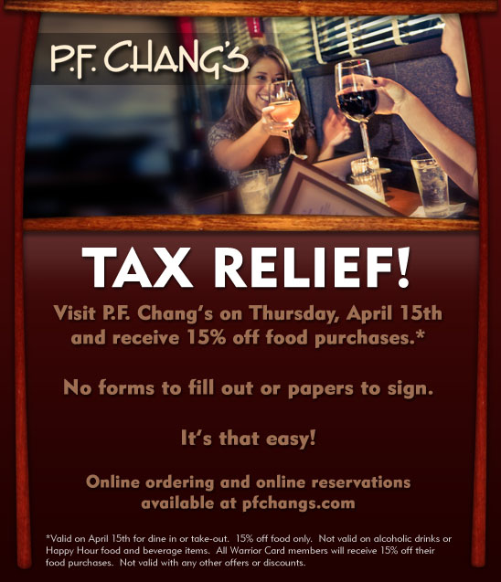 Dion’s TAX DAY Deal: 15% Off @ PF Changs!